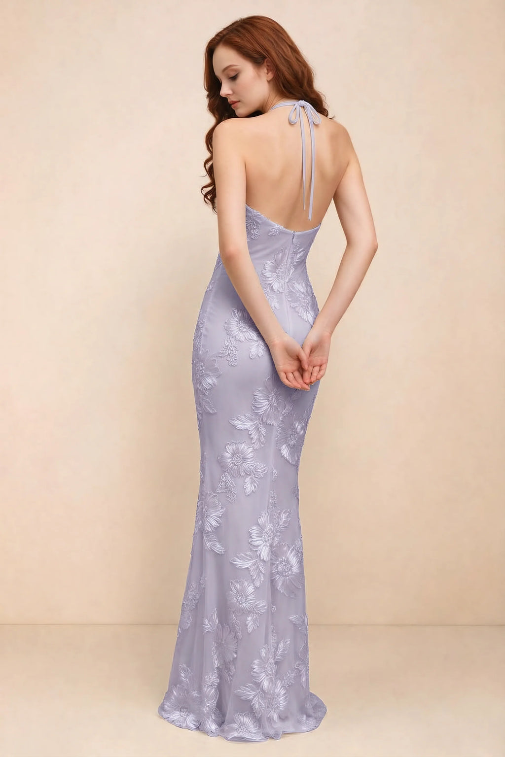 Cassandra Pale Purple 3D Floral Halter Mermaid Maxi Dress
