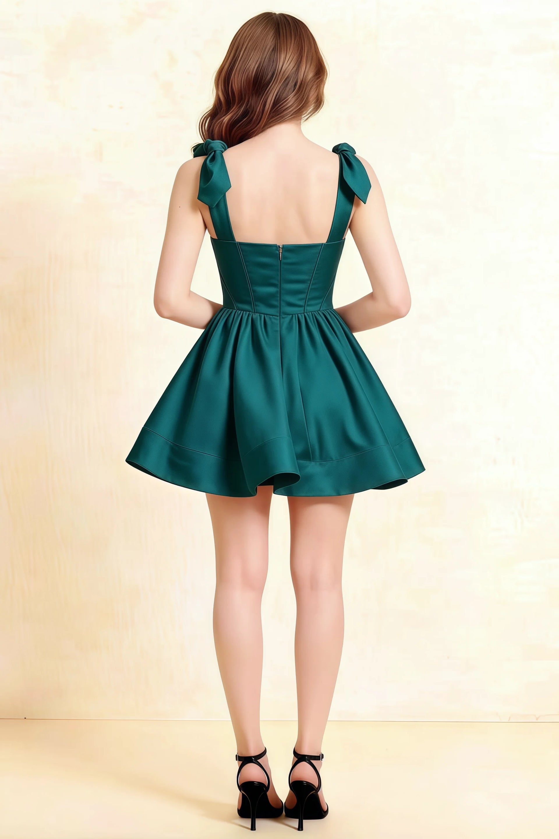 LVLVS Cassandra Peacock Dress Back View Square Neck Bow Straps Mini Skater Dress for Formal Event