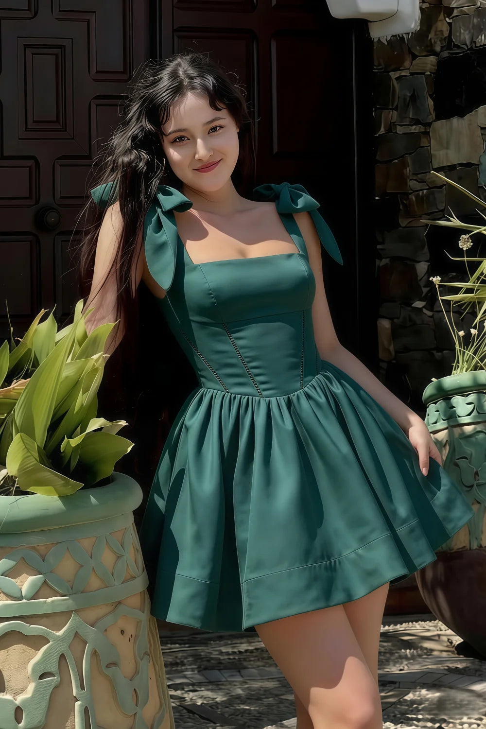 Customer Wearing LVLVS Cassandra Peacock Stretch Crepe Dress Casual Day Outdoor Garden Style