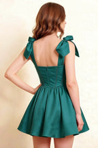 LVLVS Cassandra Peacock Dress Back Detail Square Neck Bow Straps Mini Skater for Semi - Formal Event