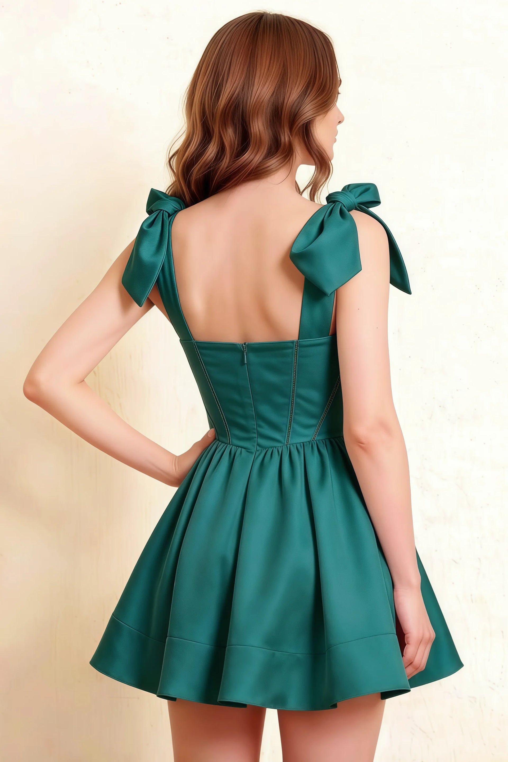 LVLVS Cassandra Peacock Dress Back Detail Square Neck Bow Straps Mini Skater for Semi - Formal Event