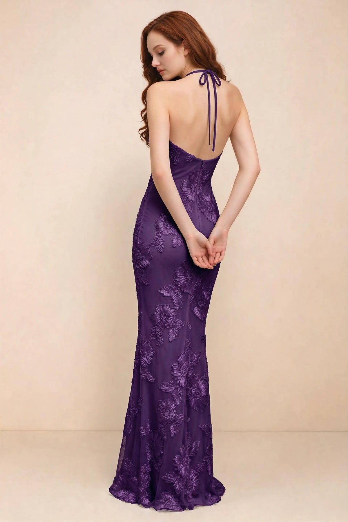 Cassandra Plum 3D Floral Halter Mermaid Maxi Dress