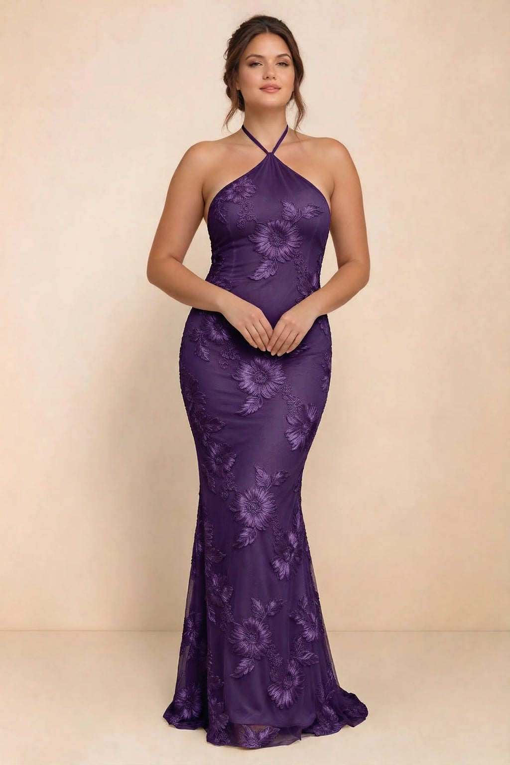 Cassandra Plum 3D Floral Halter Mermaid Maxi Dress