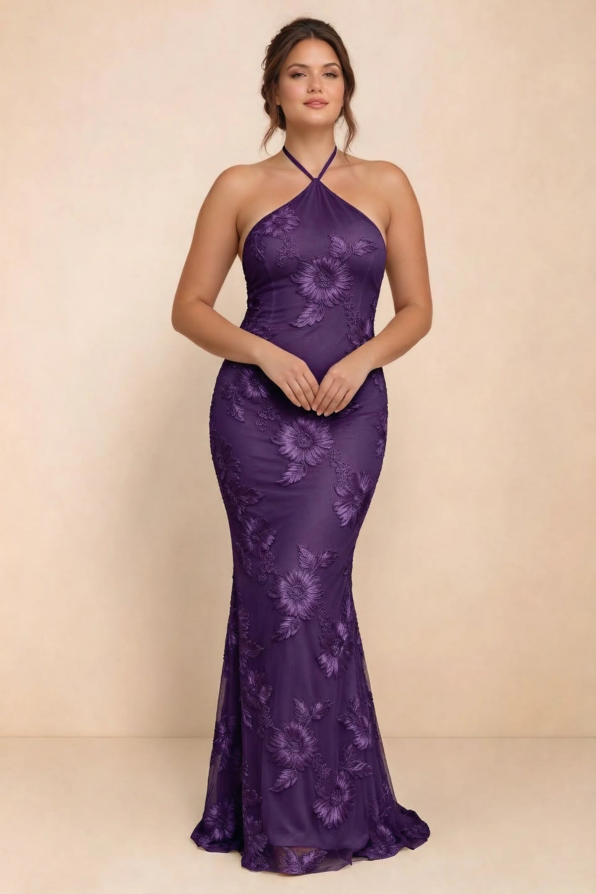Cassandra Plum 3D Floral Halter Mermaid Maxi Dress