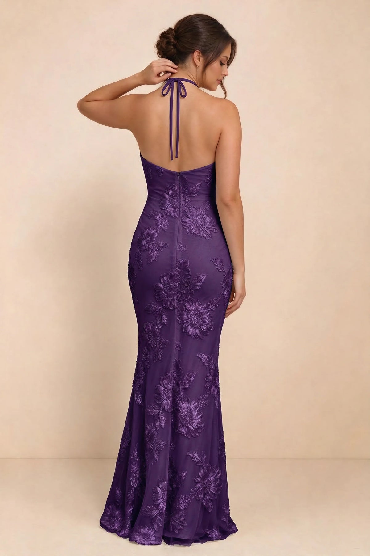 Cassandra Plum 3D Floral Halter Mermaid Maxi Dress