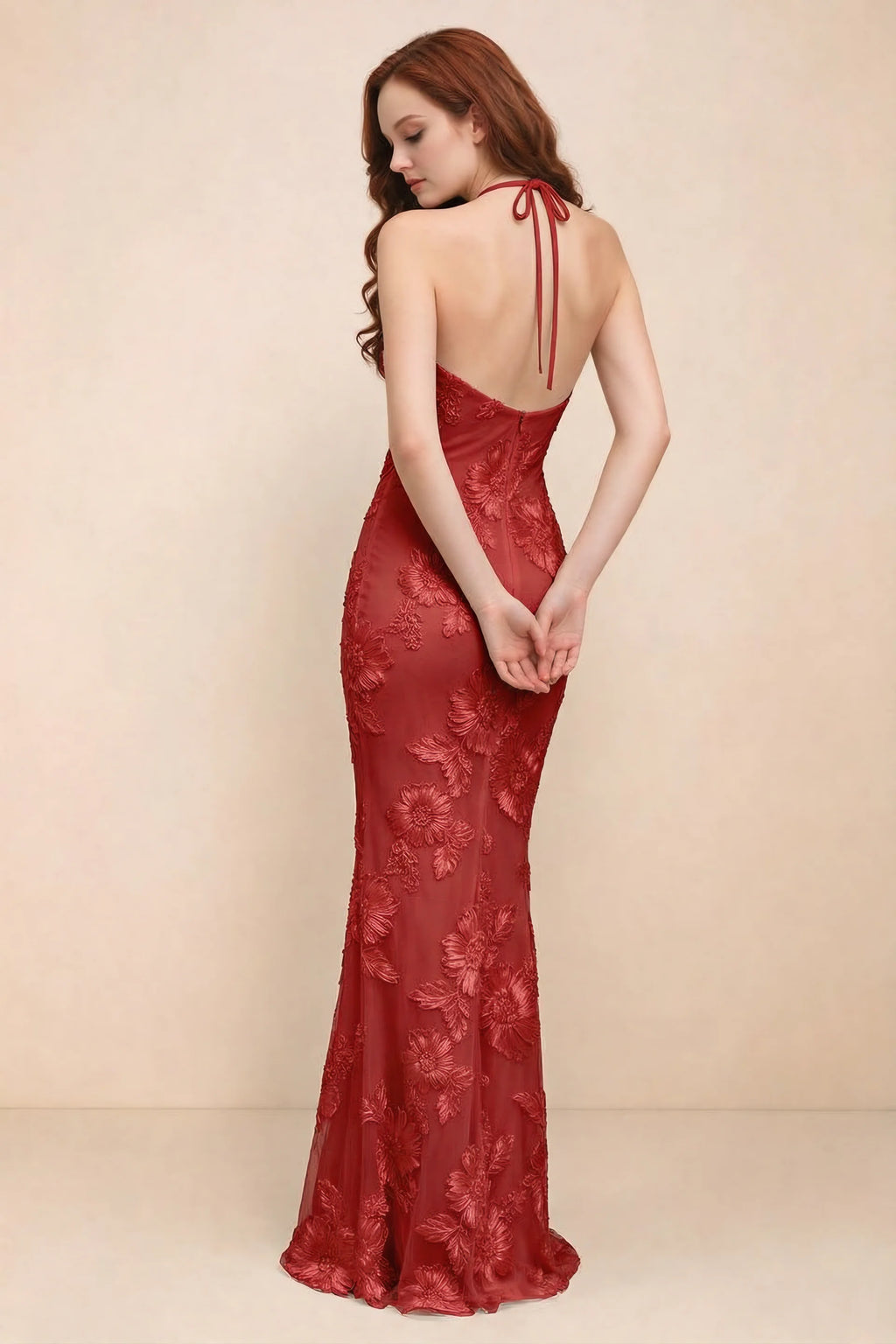 Cassandra Red 3D Floral Halter Mermaid Maxi Dress