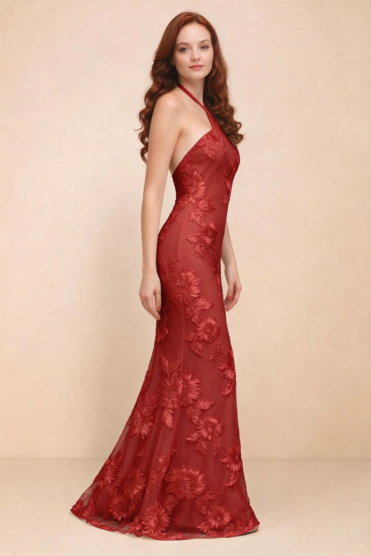 Cassandra Red 3D Floral Halter Mermaid Maxi Dress