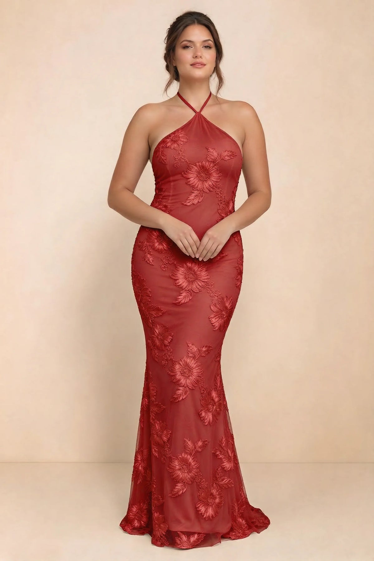 Cassandra Red 3D Floral Halter Mermaid Maxi Dress