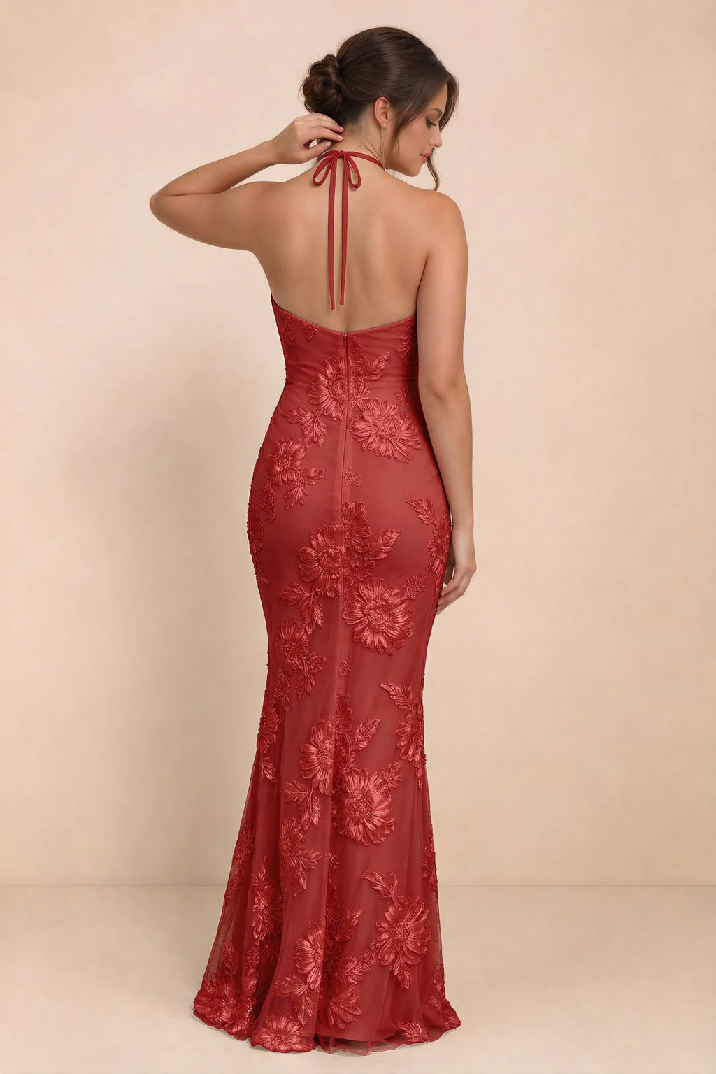 Cassandra Red 3D Floral Halter Mermaid Maxi Dress