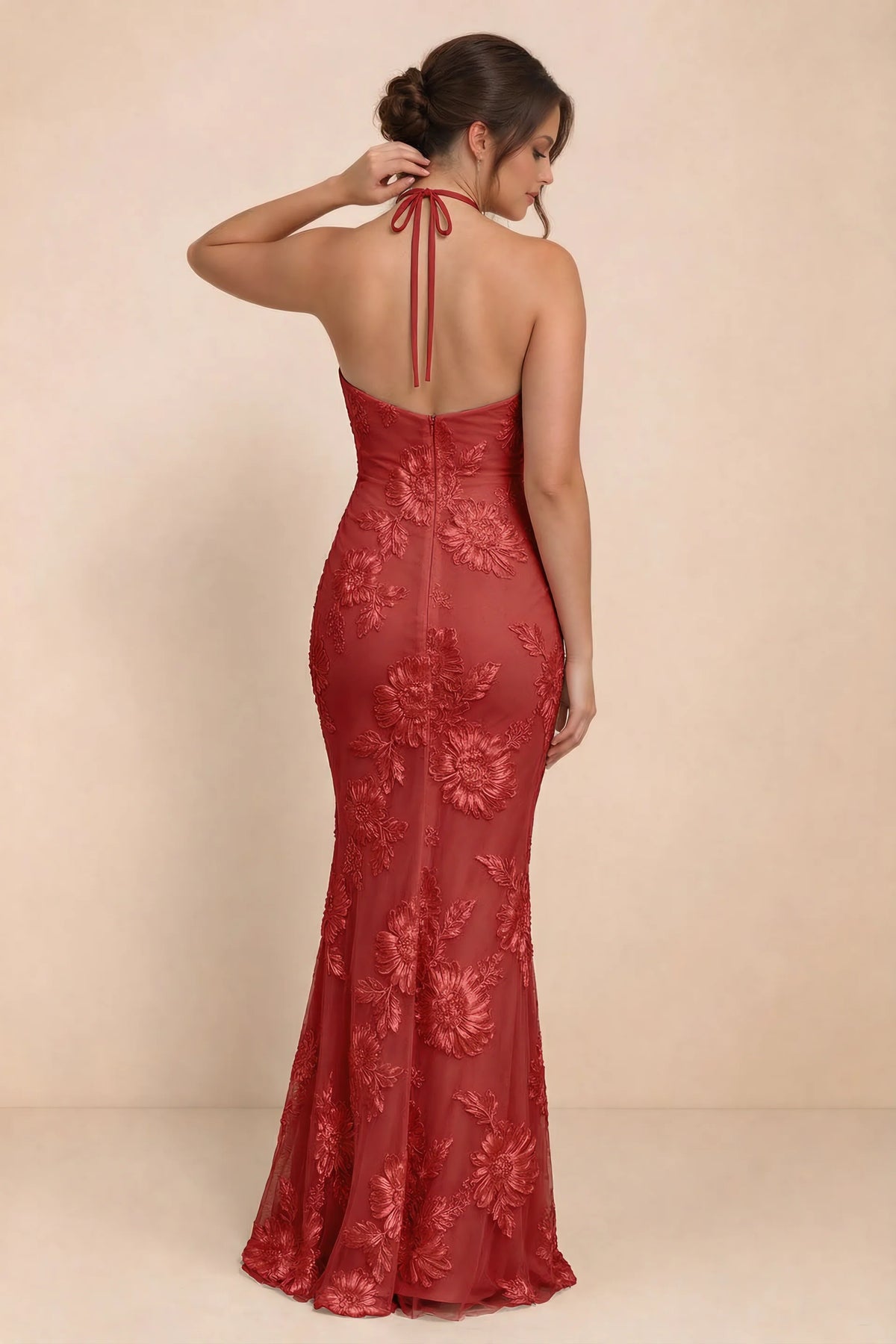 Cassandra Red 3D Floral Halter Mermaid Maxi Dress