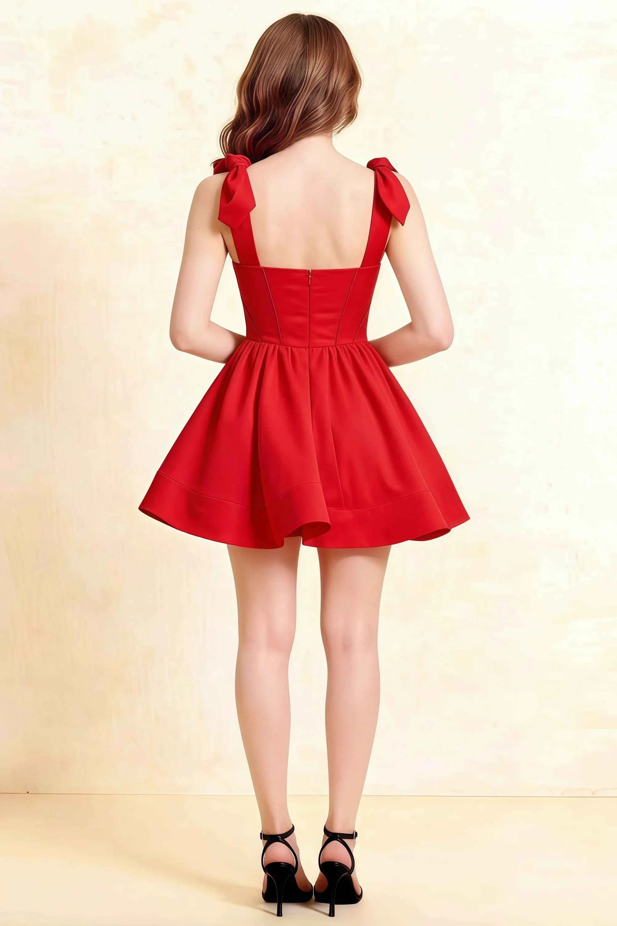 Cassandra Red Bow Straps Mini Skater Dress with Square Neckline Imagen secundaria del producto