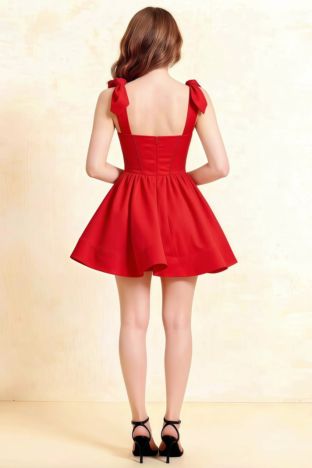 Back View of LVLVS Cassandra Stretch Crepe Red Dress with Corset Detail for Cocktail Events and Prom