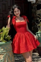 Customer Wearing LVLVS Cassandra Red Bow Strap Skater Dress for Summer Brunch and Casual Day Out