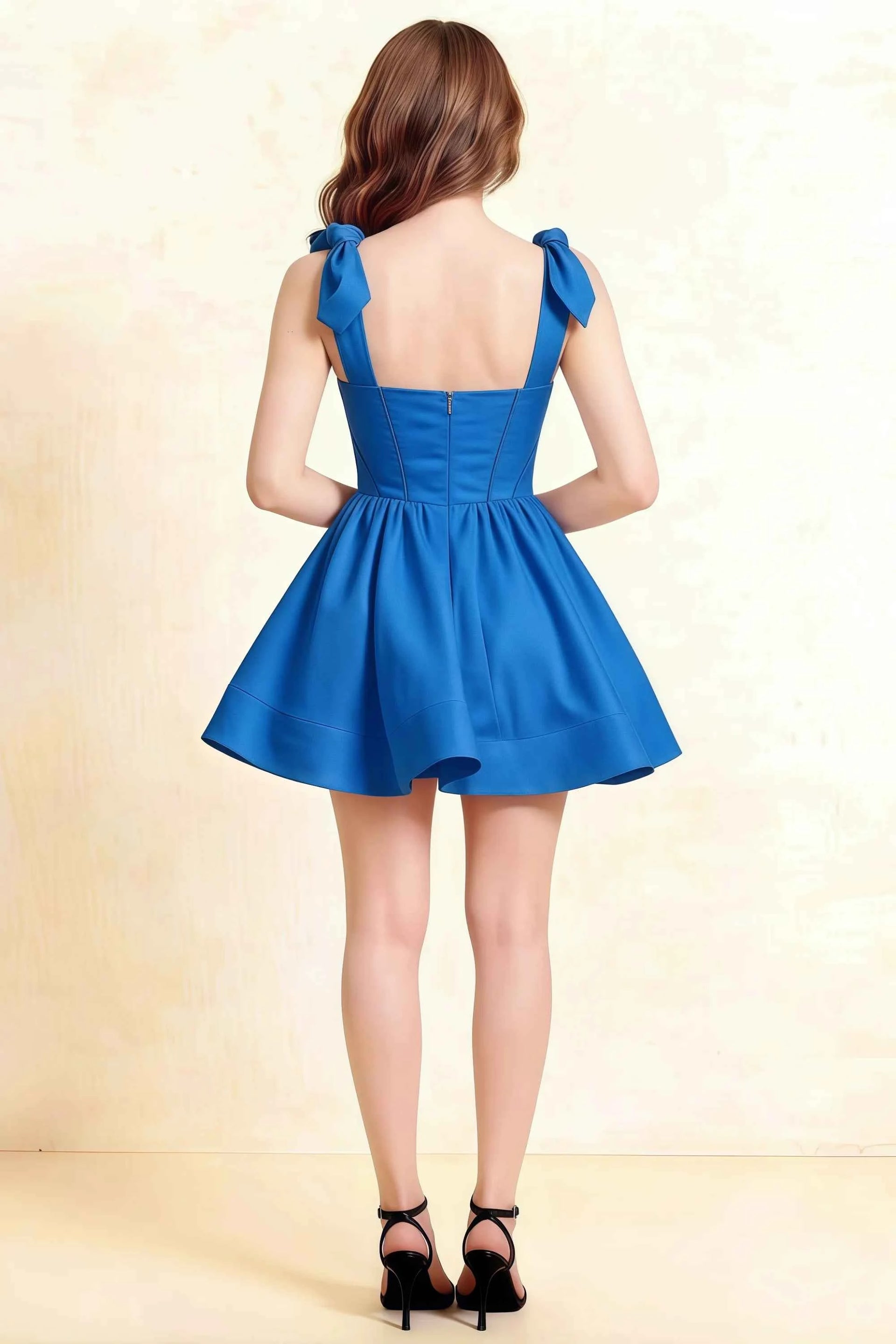 Back view of LVLVS Cassandra royal blue mini skater dress showing open back and bow details for formal event