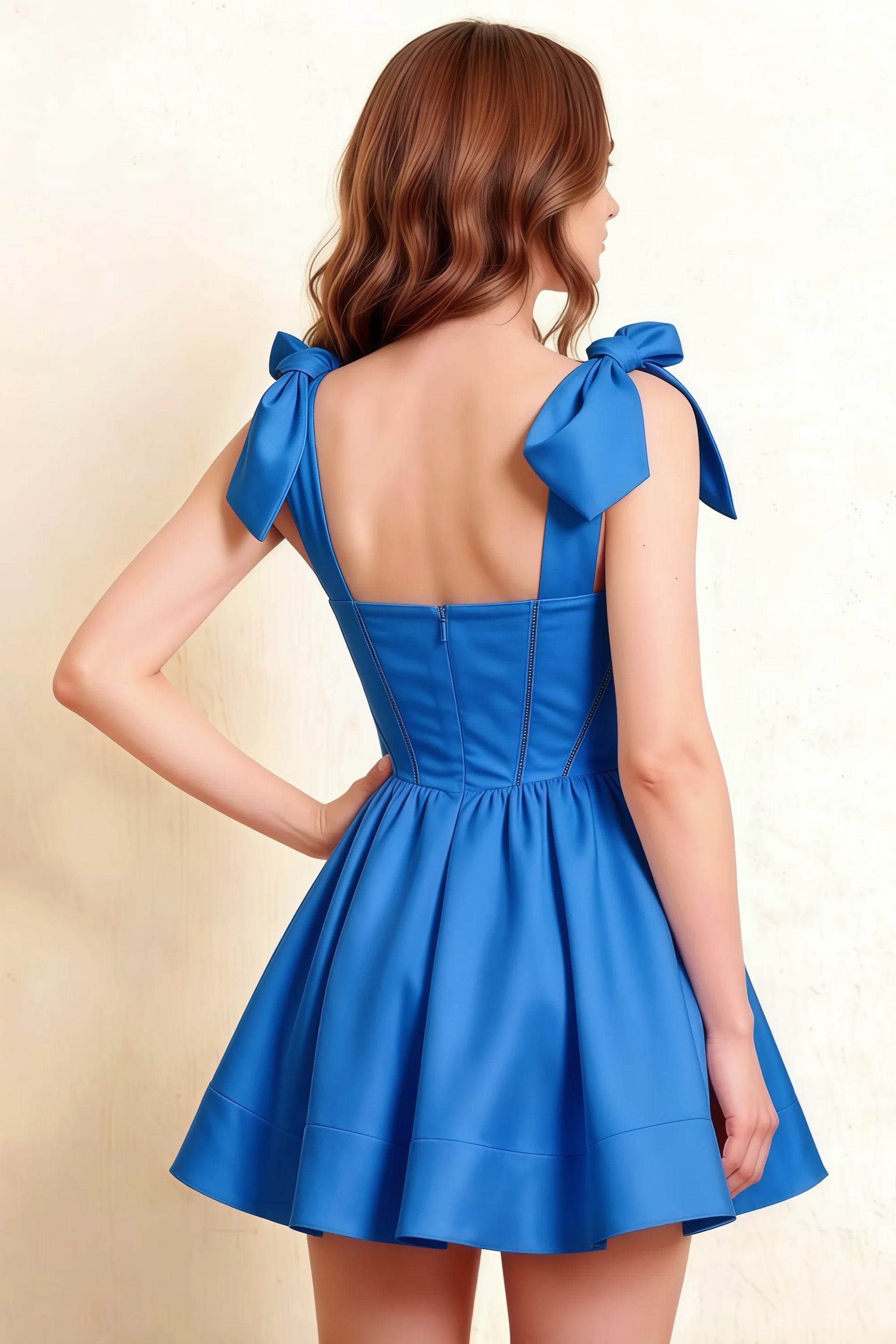 Full body back view of plus size model in LVLVS Cassandra royal blue bow strap dress for semi-formal party