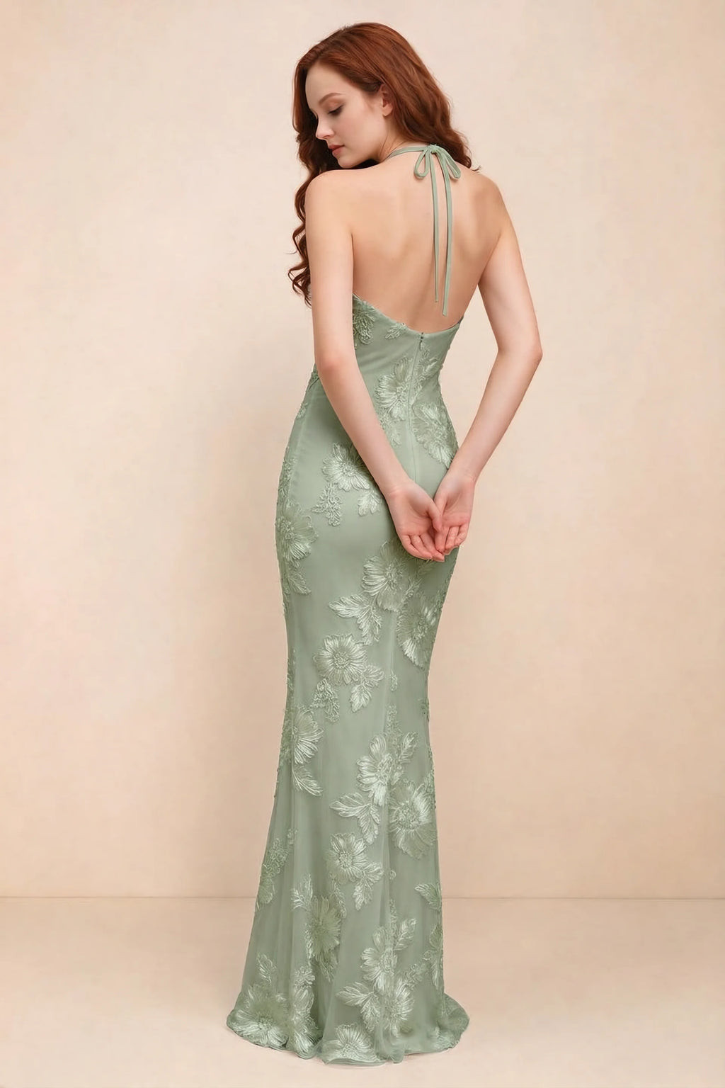 Cassandra Sage Green 3D Floral Halter Mermaid Maxi Dress