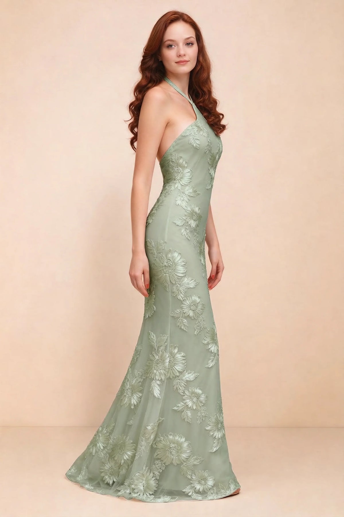 Cassandra Sage Green 3D Floral Halter Mermaid Maxi Dress