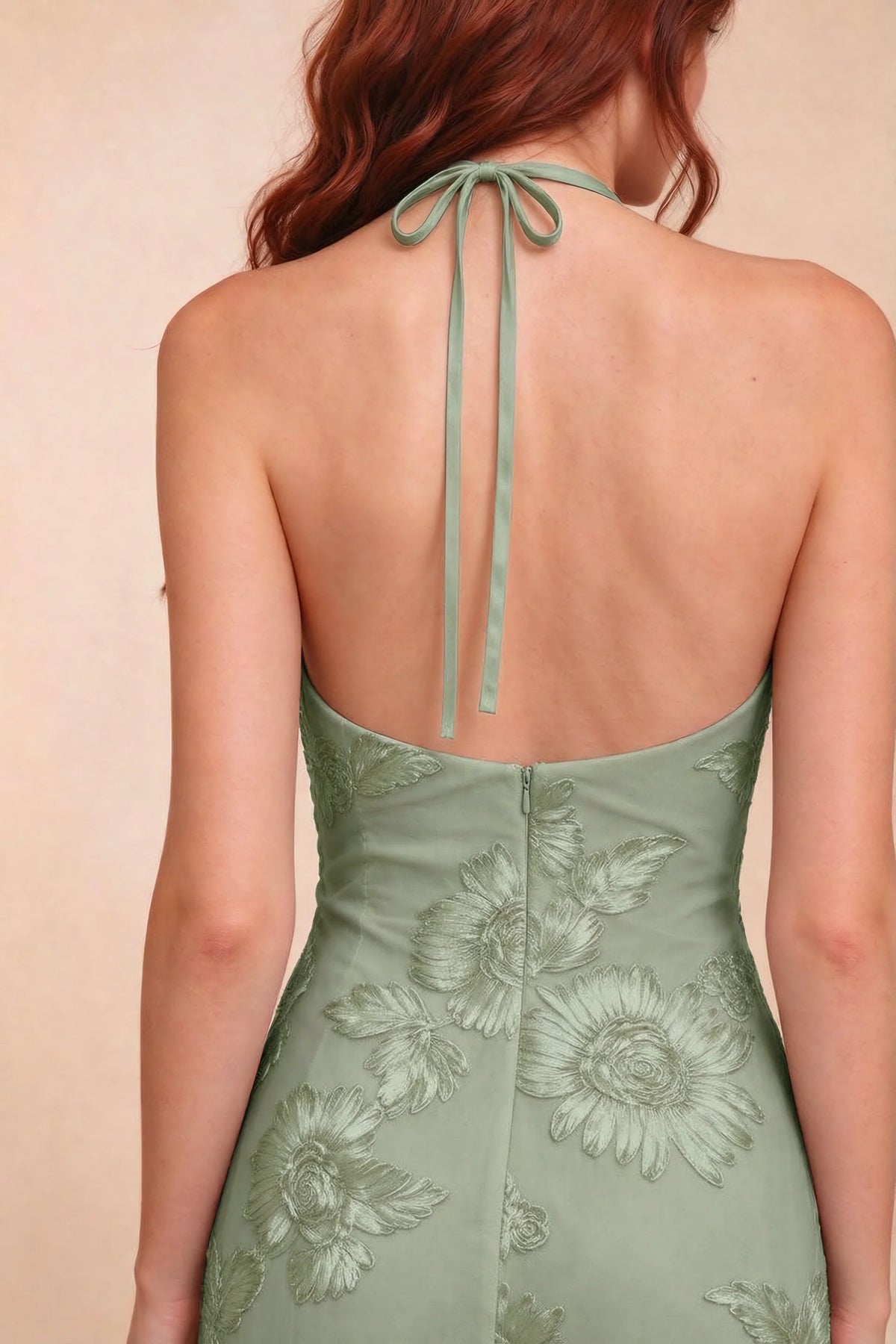 Cassandra Sage Green 3D Floral Halter Mermaid Maxi Dress