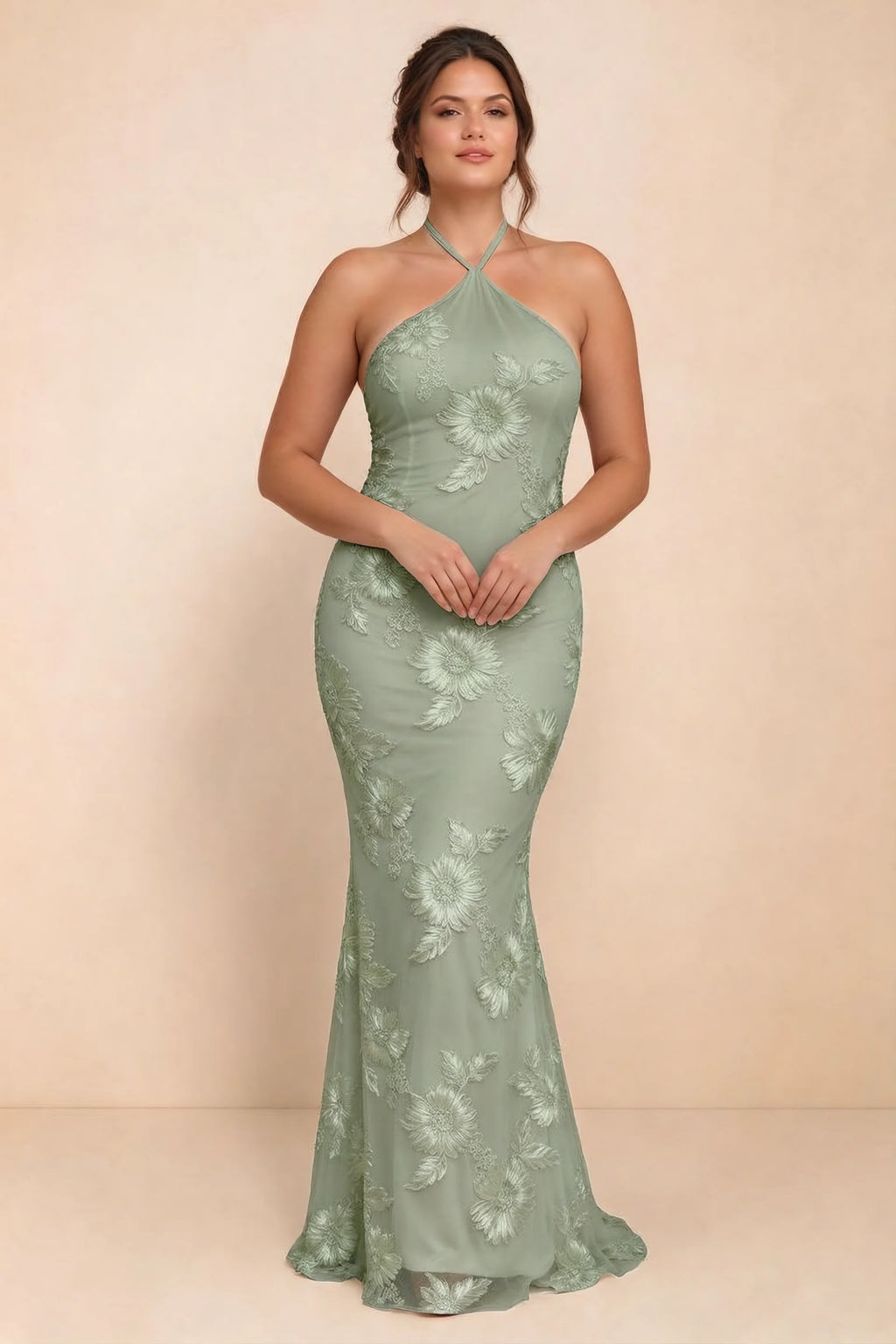 Cassandra Sage Green 3D Floral Halter Mermaid Maxi Dress