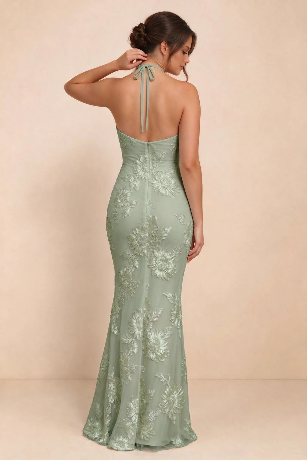 Cassandra Sage Green 3D Floral Halter Mermaid Maxi Dress
