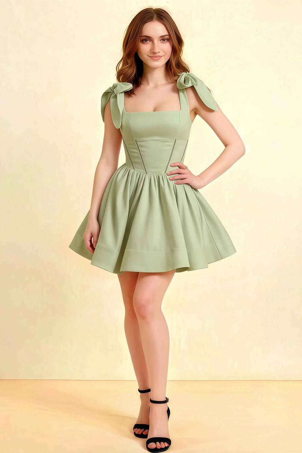 LVLVS Sage Green Cassandra Dress: Square Neck Bow Strap Mini Skater Dress for Brunch and Day Parties