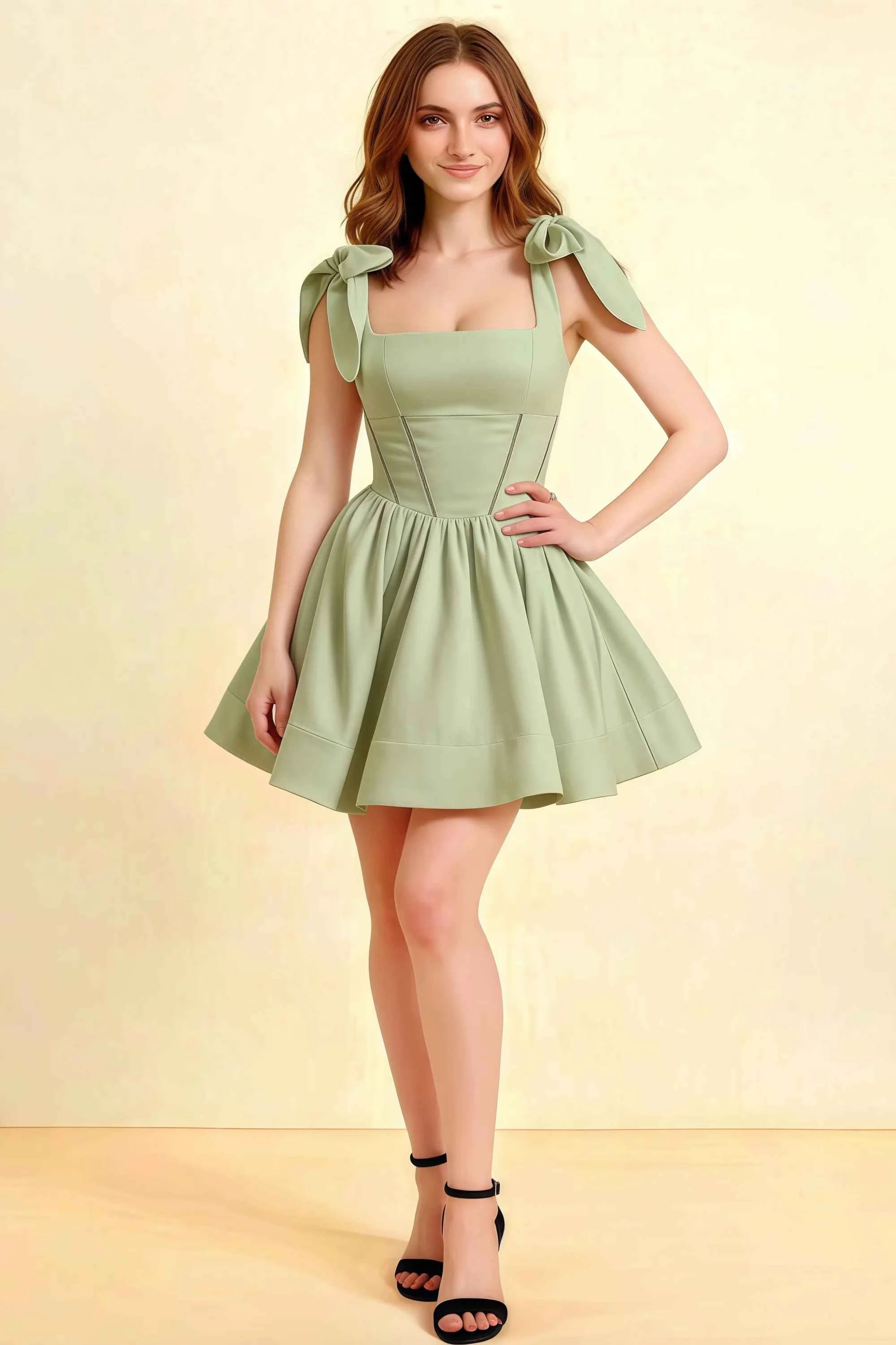 Cassandra Sage Green Bow Straps Mini Skater Dress with Square Neckline Imagen principal del producto