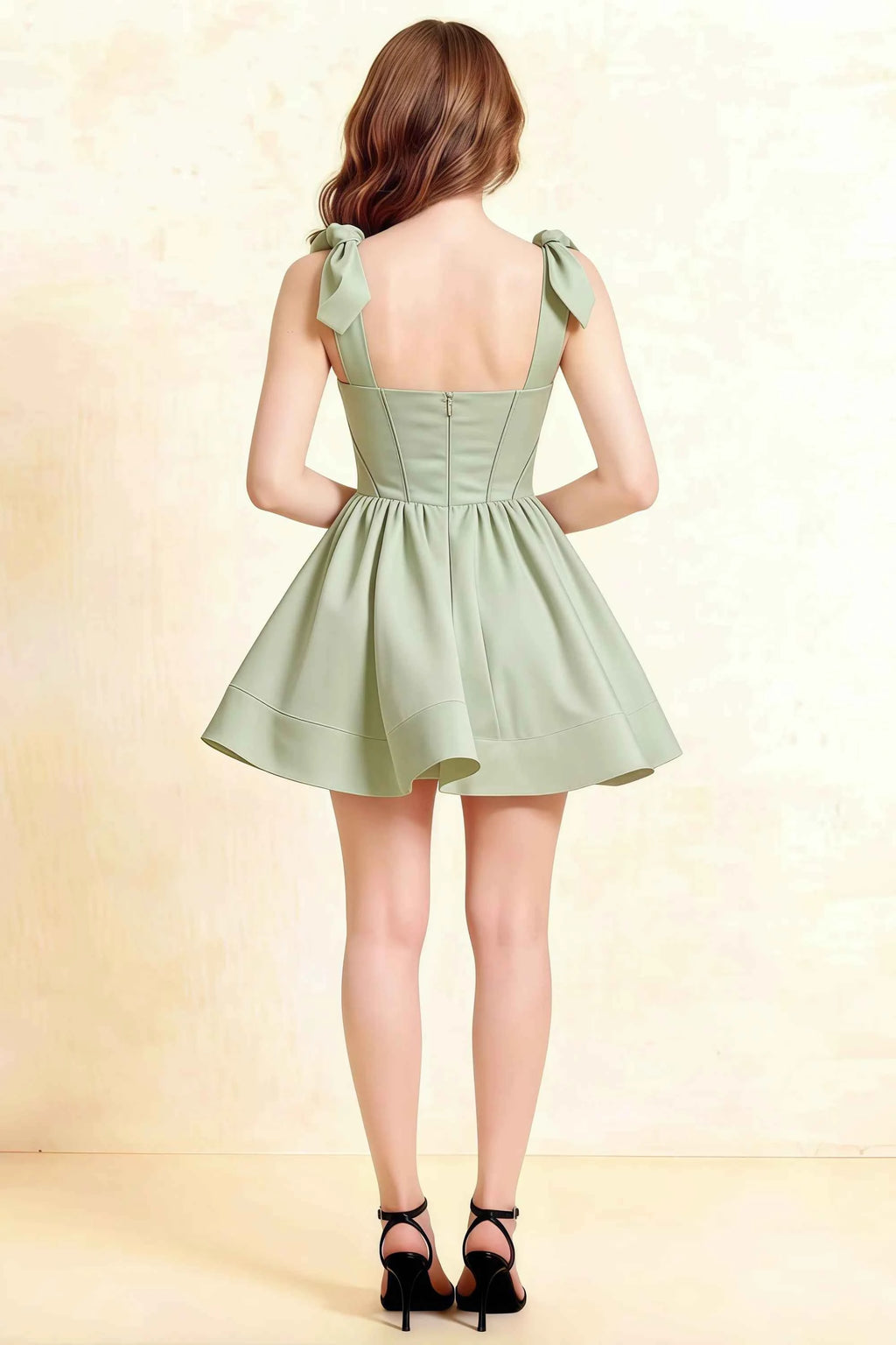 Back View of LVLVS Cassandra Sage Green Dress: Open Back Bow Detail Stretch Crepe Homecoming Dress