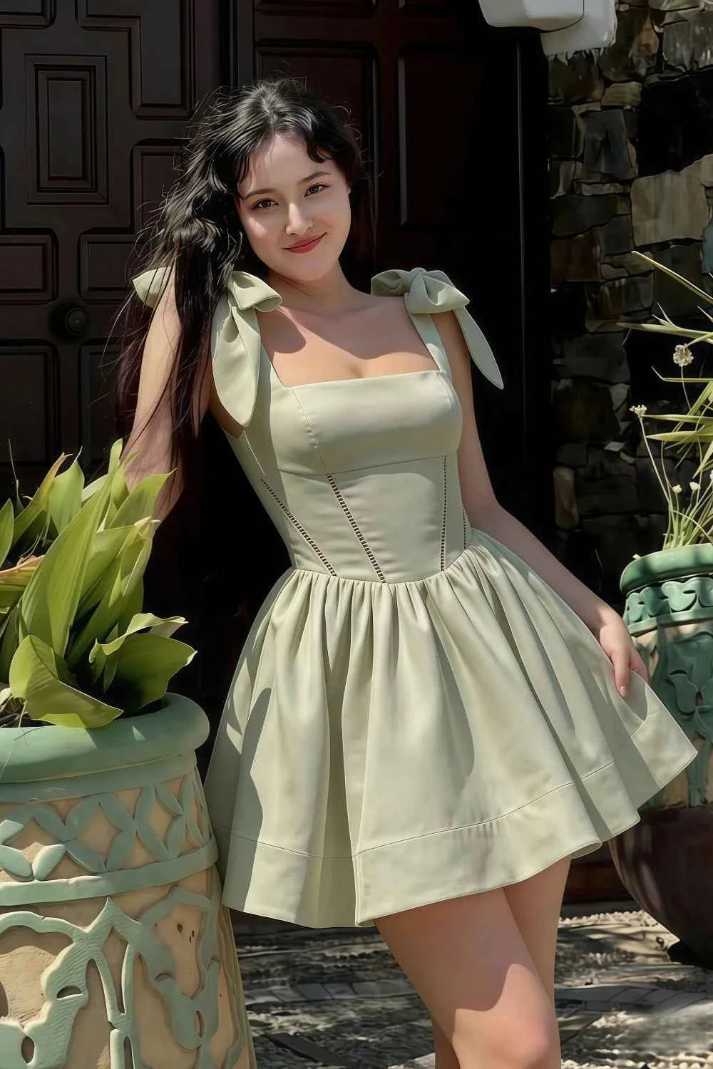 Real Customer Wearing Sage Green Skater Dress: Casual Summer Vibe for Garden Parties and Daytime Events