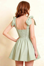 Chic Open Back Design on LVLVS Sage Green Dress: Sexy Bow Straps and Flattering Fit for Semi-Formal Occasions