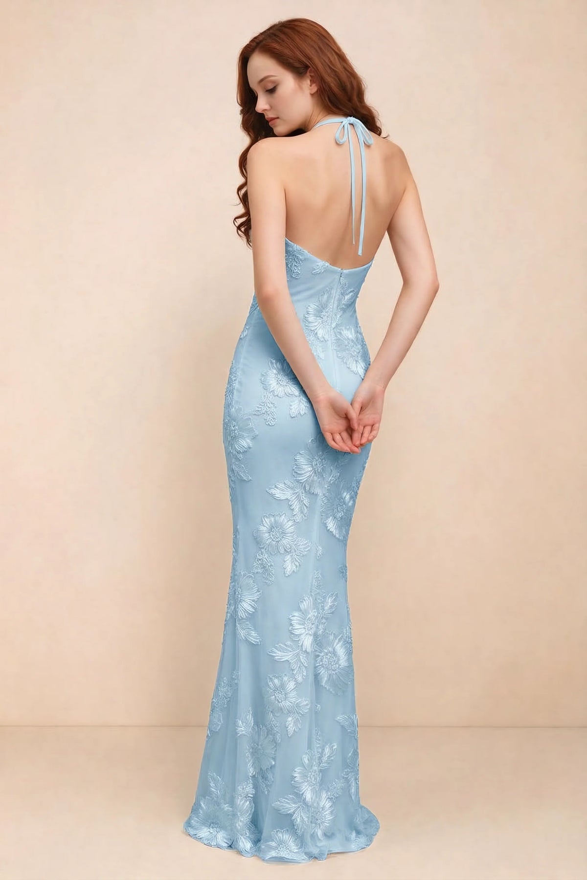 Cassandra Sky Blue 3D Floral Halter Mermaid Maxi Dress