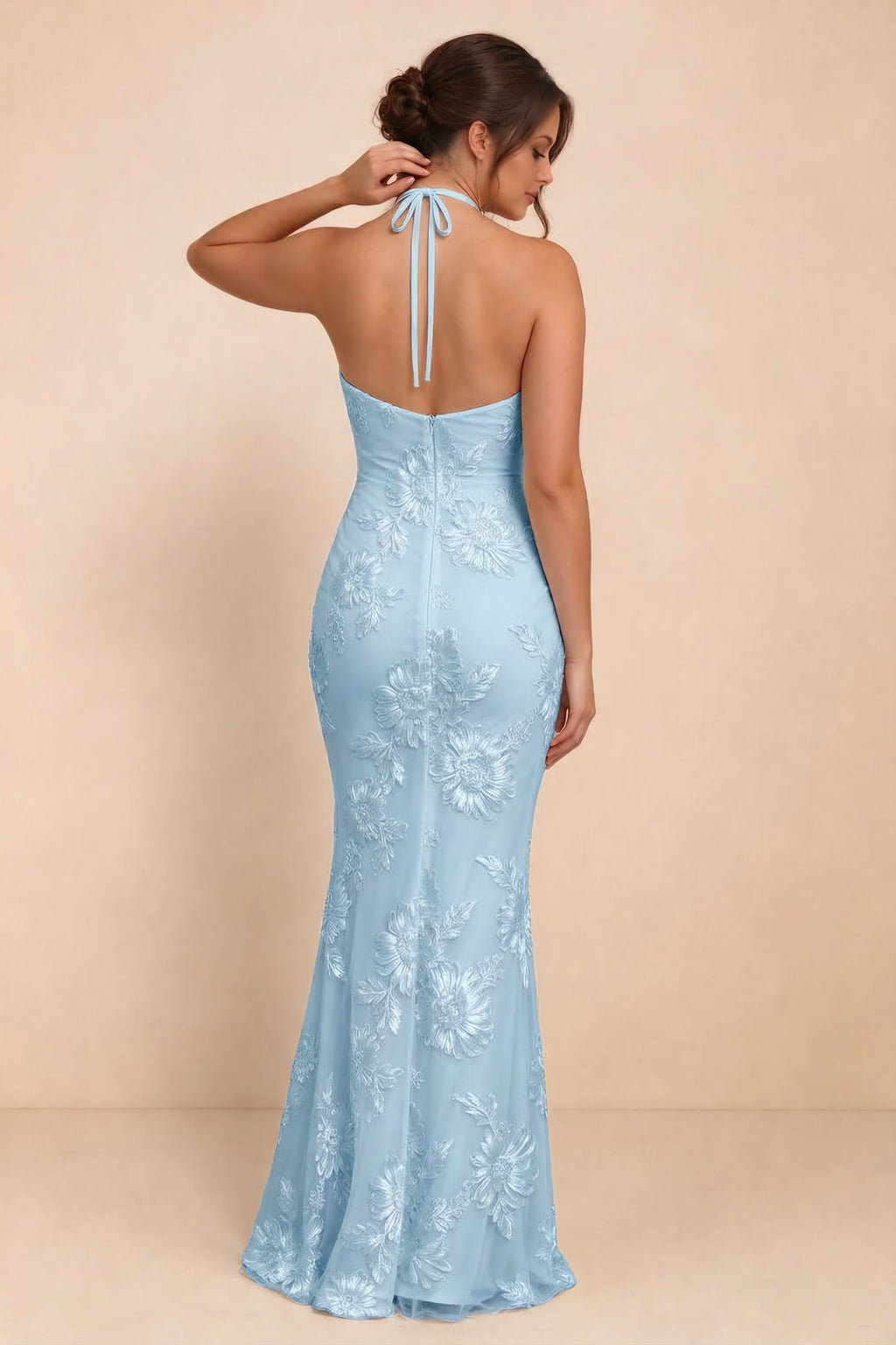 Cassandra Sky Blue 3D Floral Halter Mermaid Maxi Dress