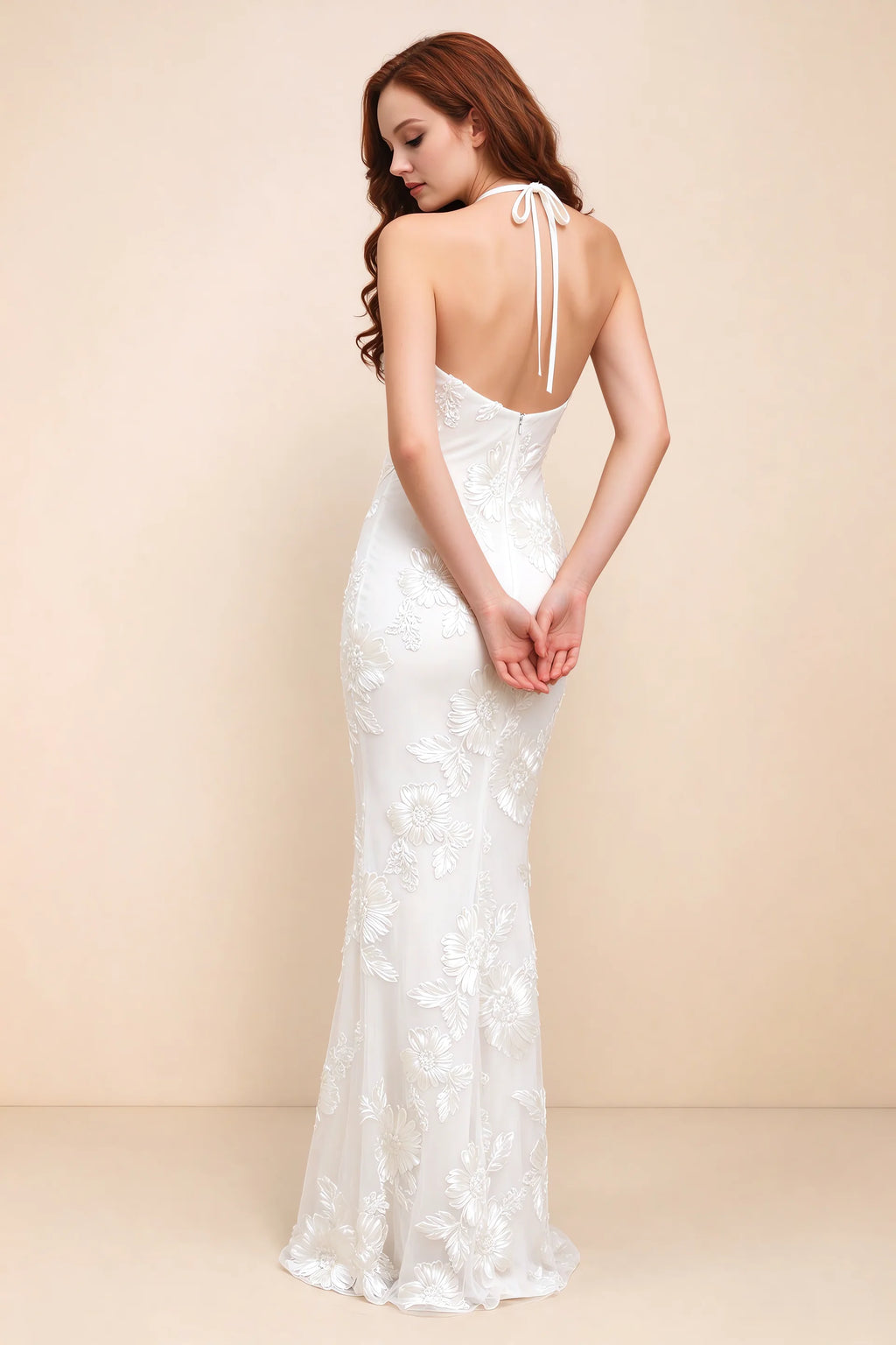 Cassandra White 3D Floral Halter Mermaid Maxi Dress