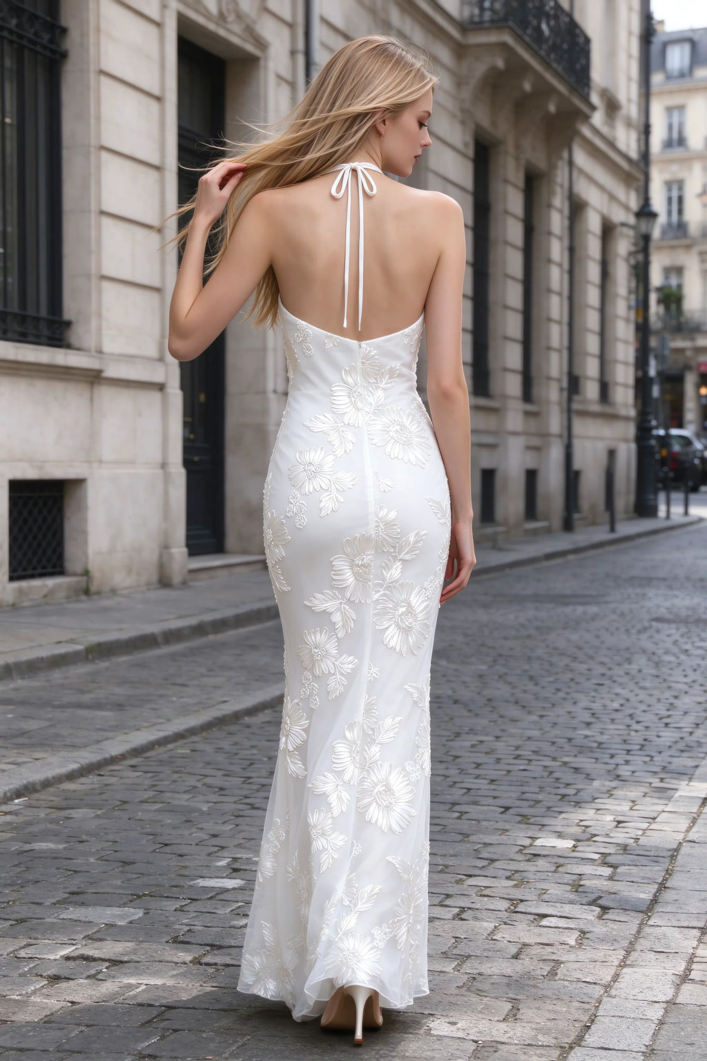 Cassandra White 3D Floral Halter Mermaid Maxi Dress