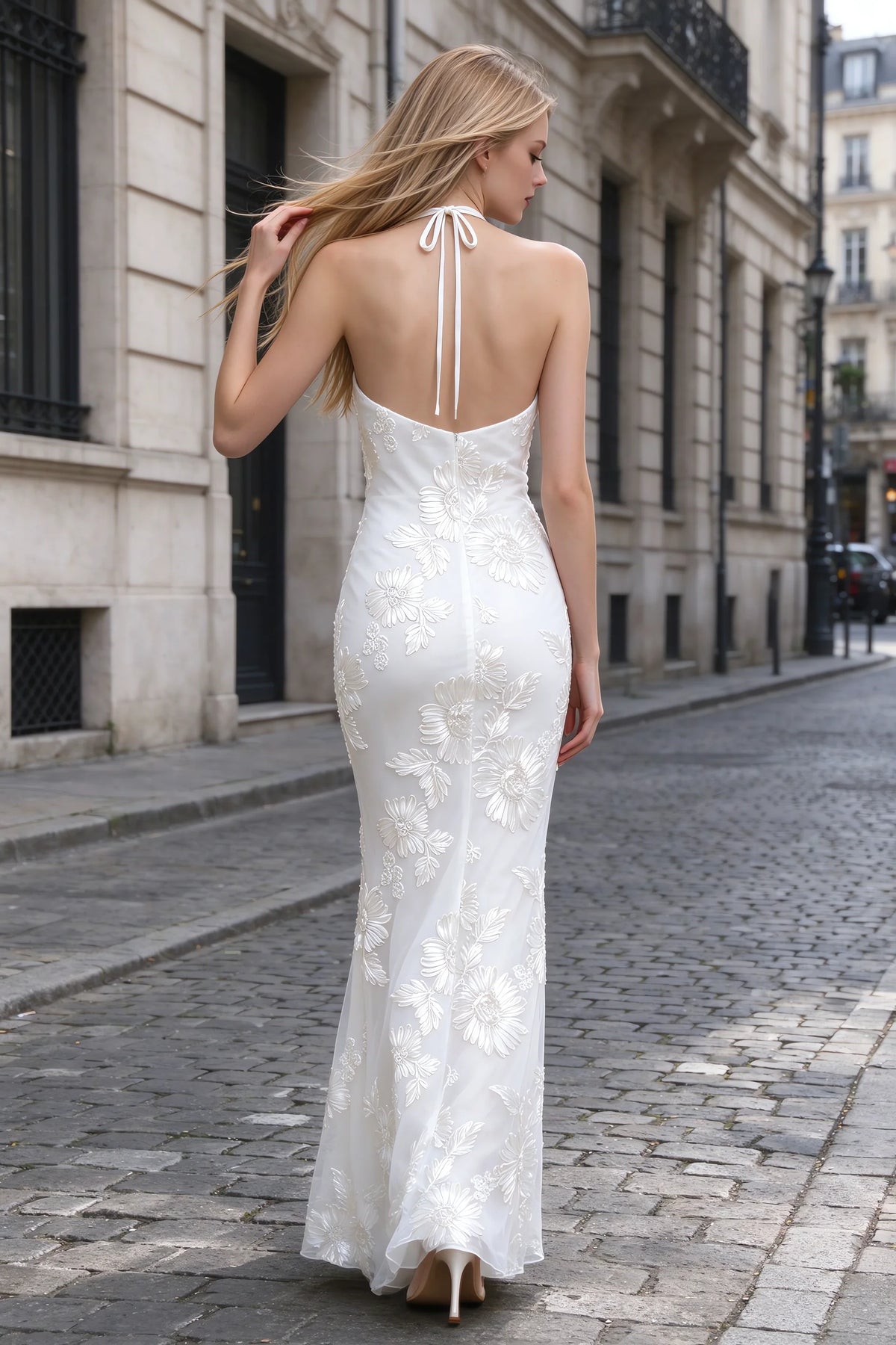 Cassandra White 3D Floral Halter Mermaid Maxi Dress