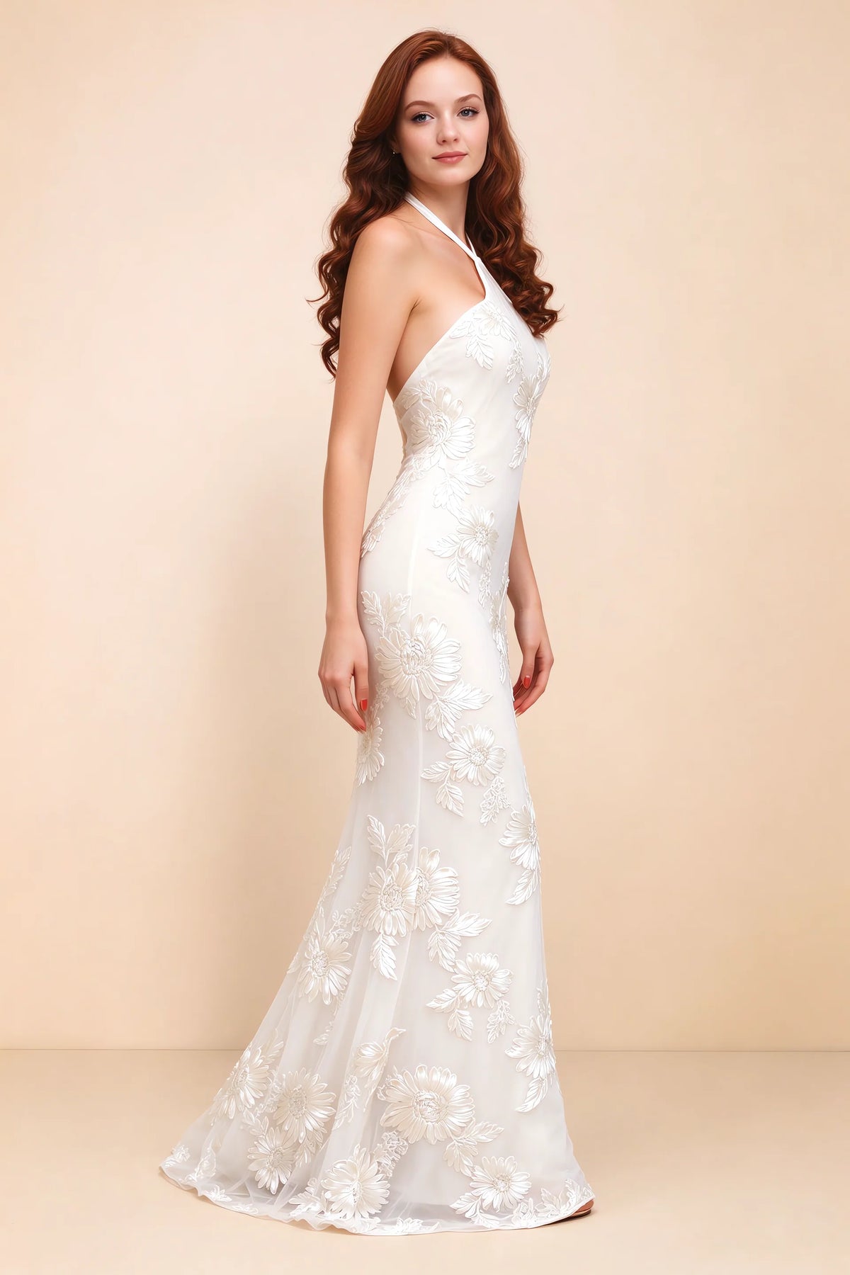 Cassandra White 3D Floral Halter Mermaid Maxi Dress
