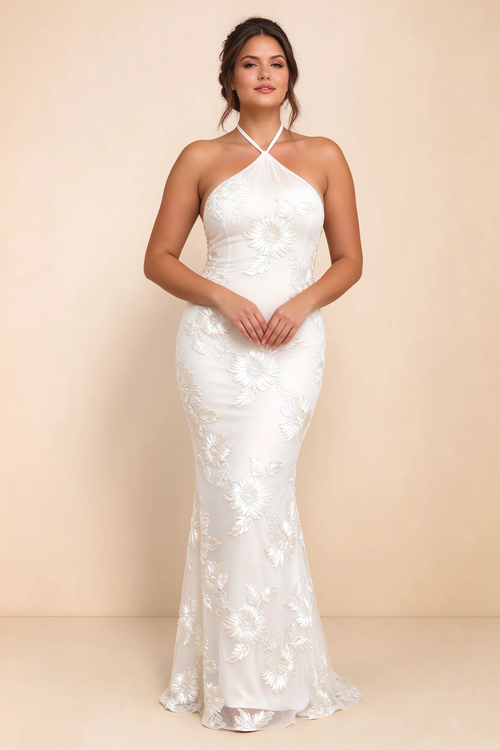Cassandra White 3D Floral Halter Mermaid Maxi Dress