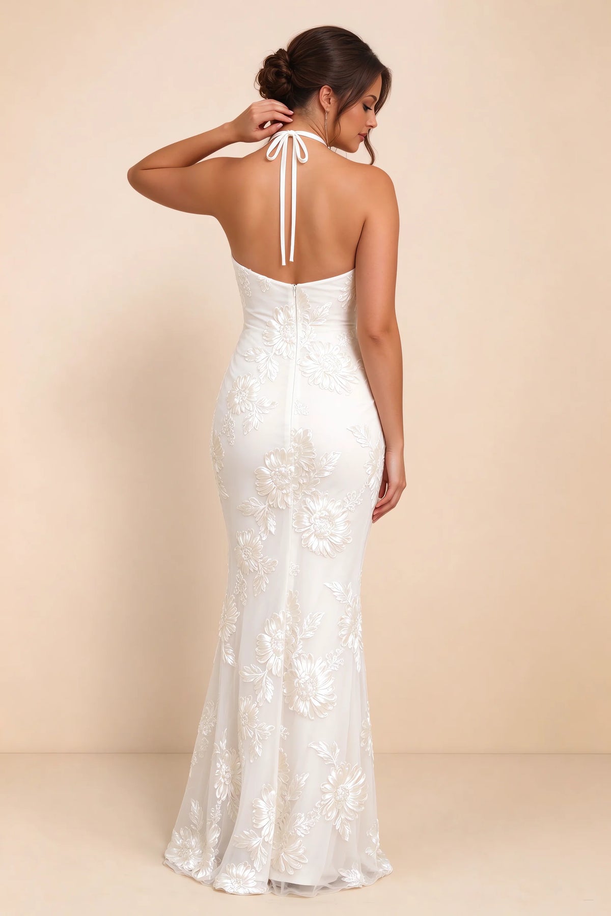 Cassandra White 3D Floral Halter Mermaid Maxi Dress