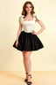 LVLVS Cassandra white and black stretch crepe mini skater dress with square neckline and bow straps for cocktail party
