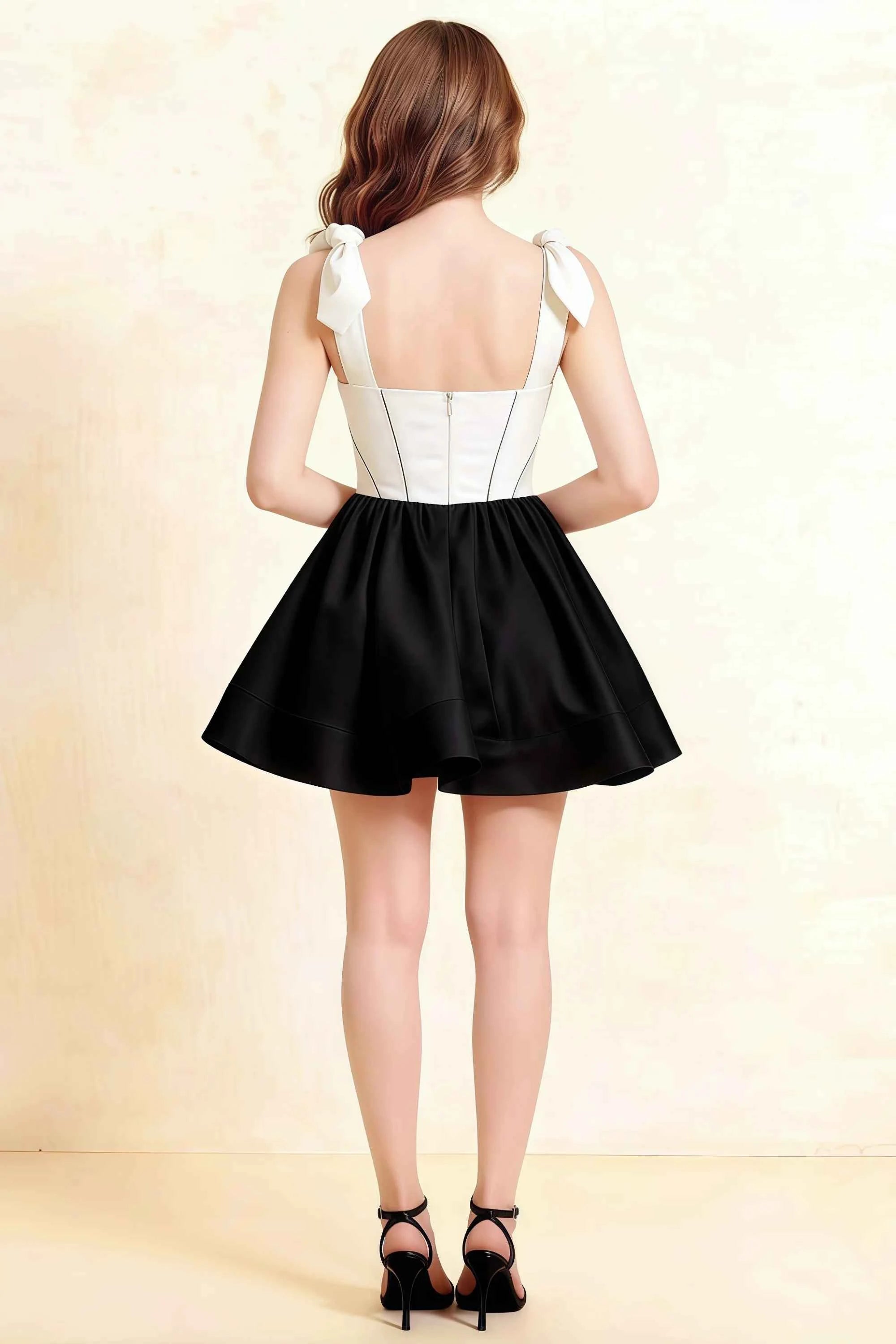 Cassandra White and Black Bow Straps Mini Skater Dress with Square Neckline Secondary image