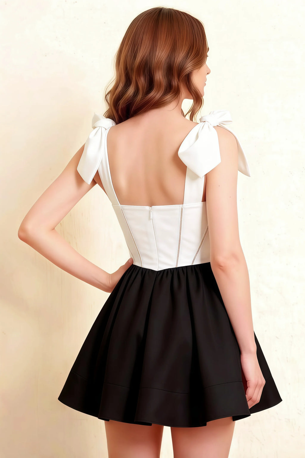 Model back view showcasing LVLVS Cassandra white and black bow straps dress perfect for formal party