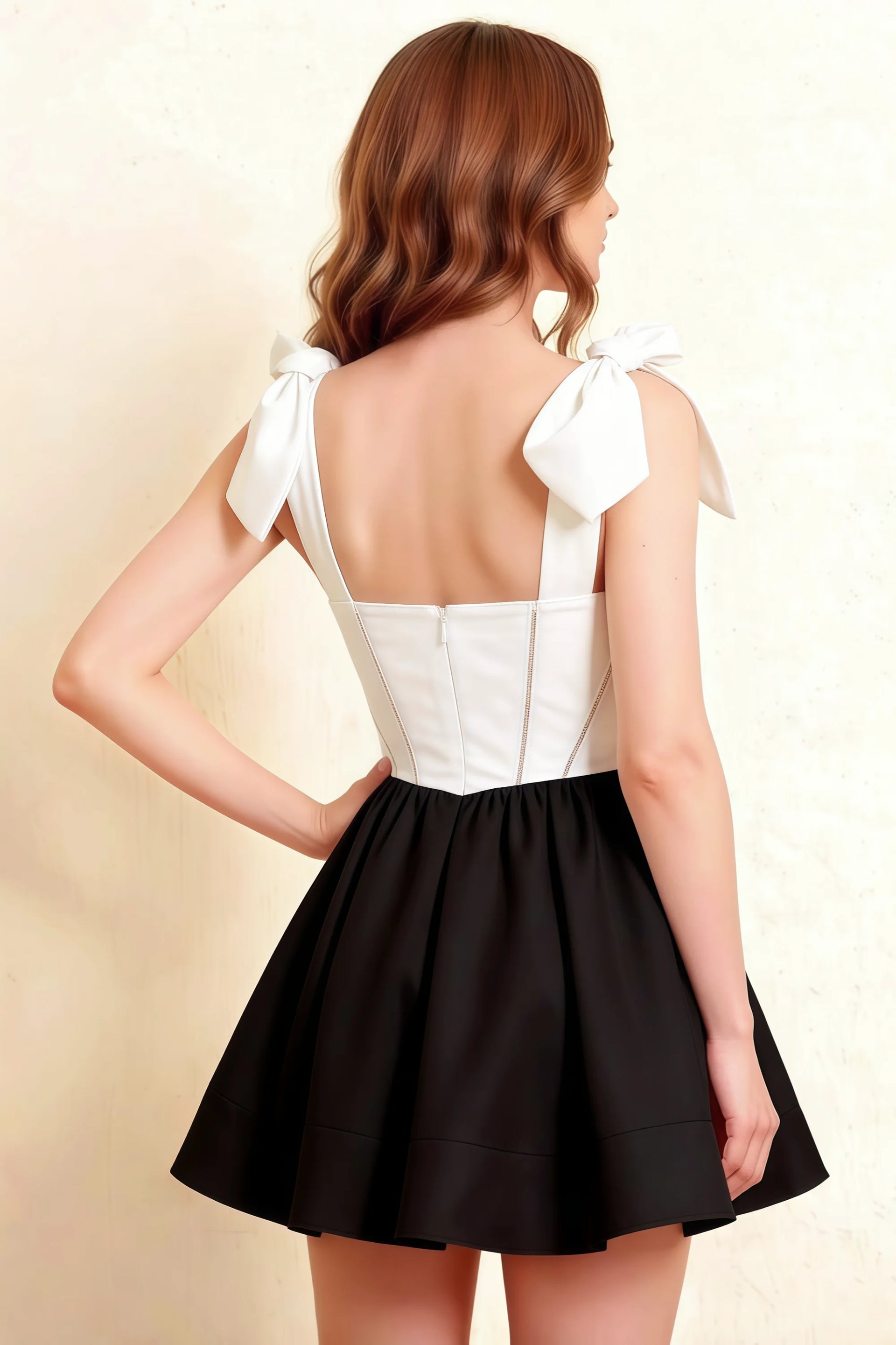 Model back view showcasing LVLVS Cassandra white and black bow straps dress perfect for formal party