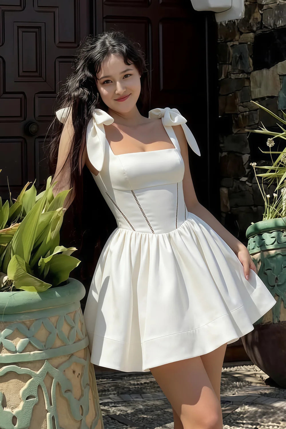 Real customer photo of LVLVS Cassandra white dress worn outdoors, square neckline with bow straps, perfect spring day look for brunch or casual garden parties