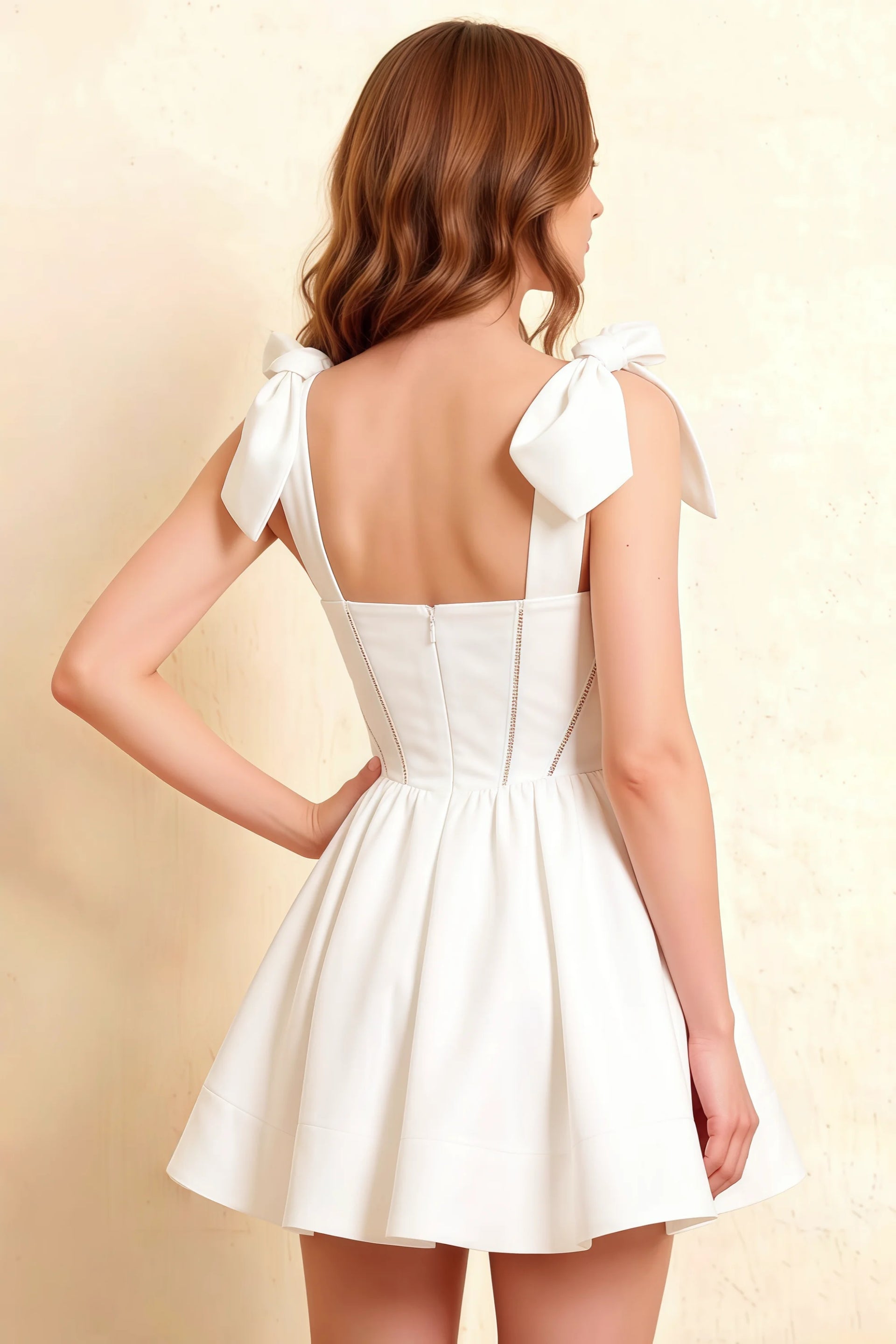 Side profile of LVLVS Cassandra white mini dress showcasing bow tie details and open back, a classy option for homecoming and cocktail events