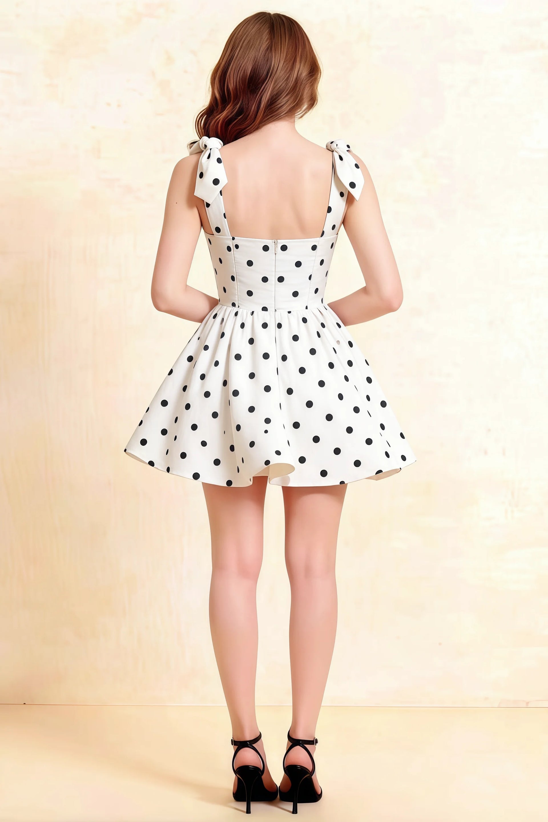 Back view of LVLVS Cassandra white polka dot bow straps skater dress showcasing open back design for cocktail parties and formal events