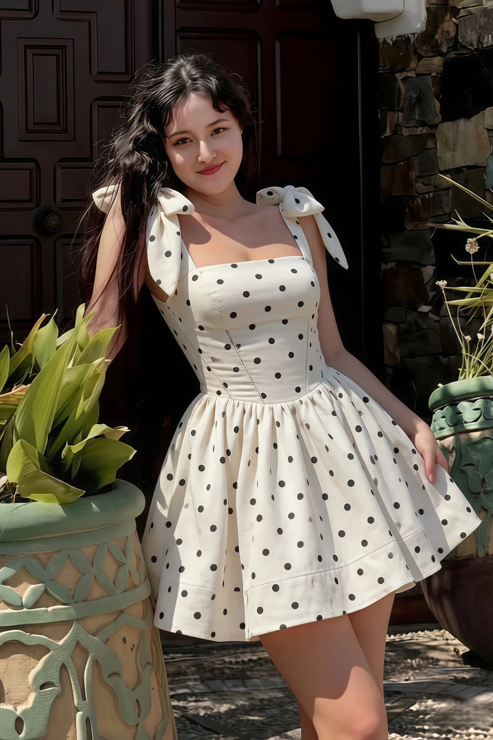 Real customer photo of LVLVS Cassandra white polka dot bow skater dress in garden brunch setting, lifestyle shot