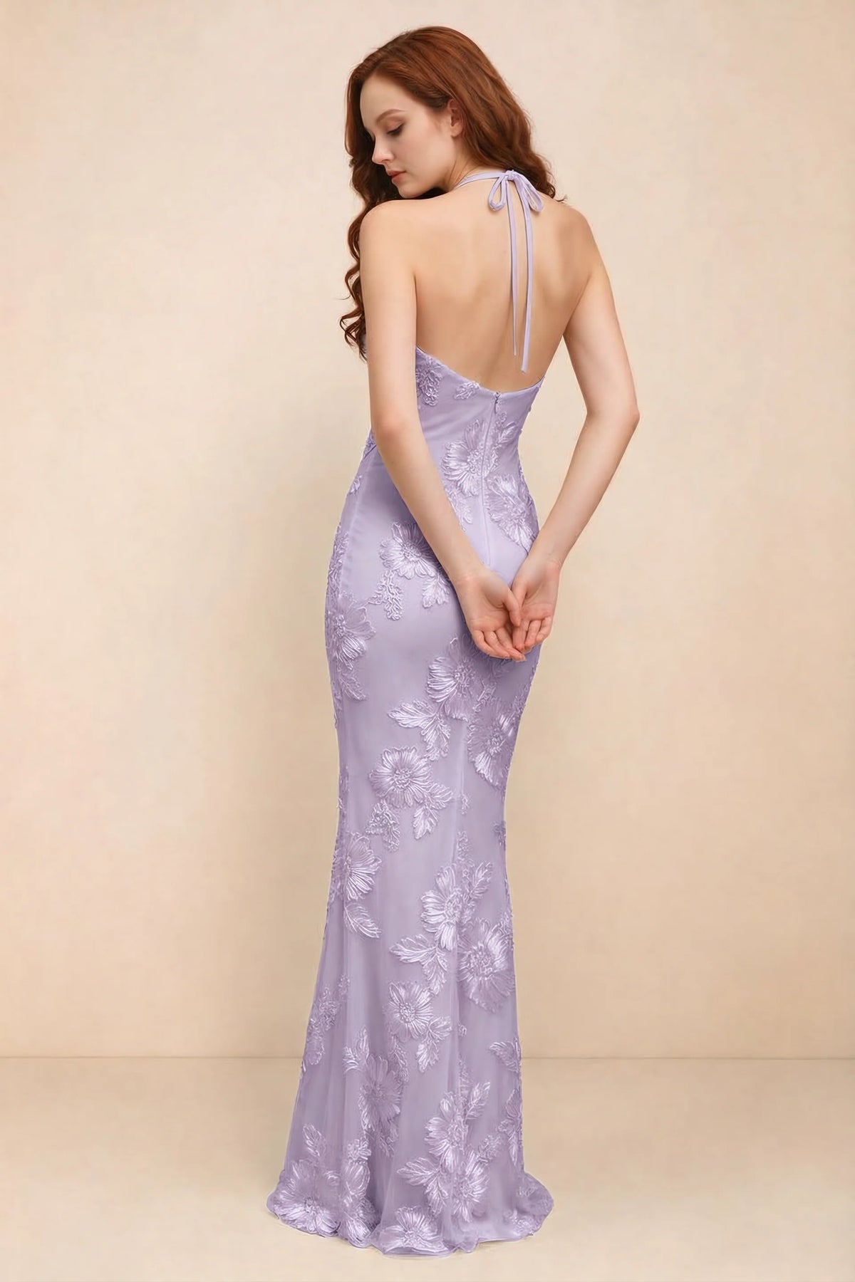 Cassandra Wisteria 3D Floral Halter Mermaid Maxi Dress