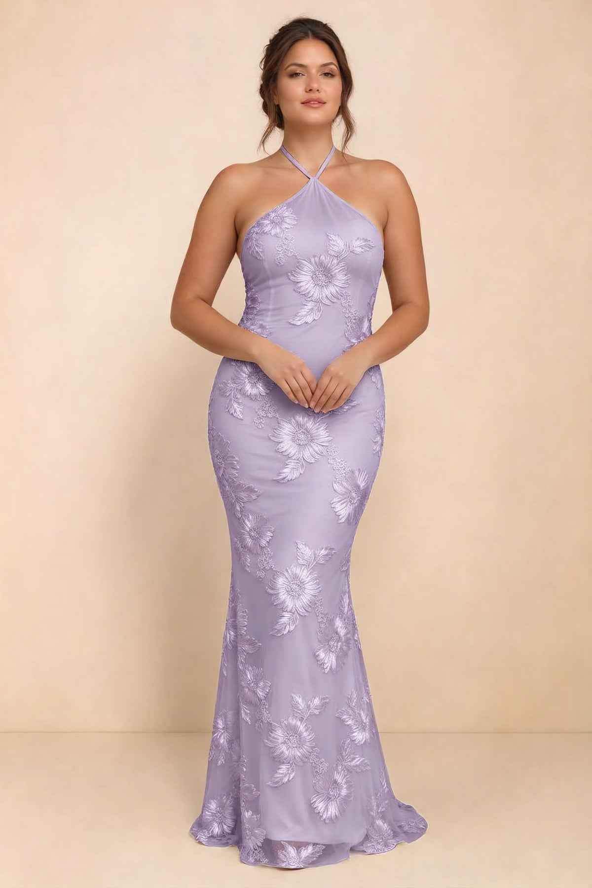 Cassandra Wisteria 3D Floral Halter Mermaid Maxi Dress