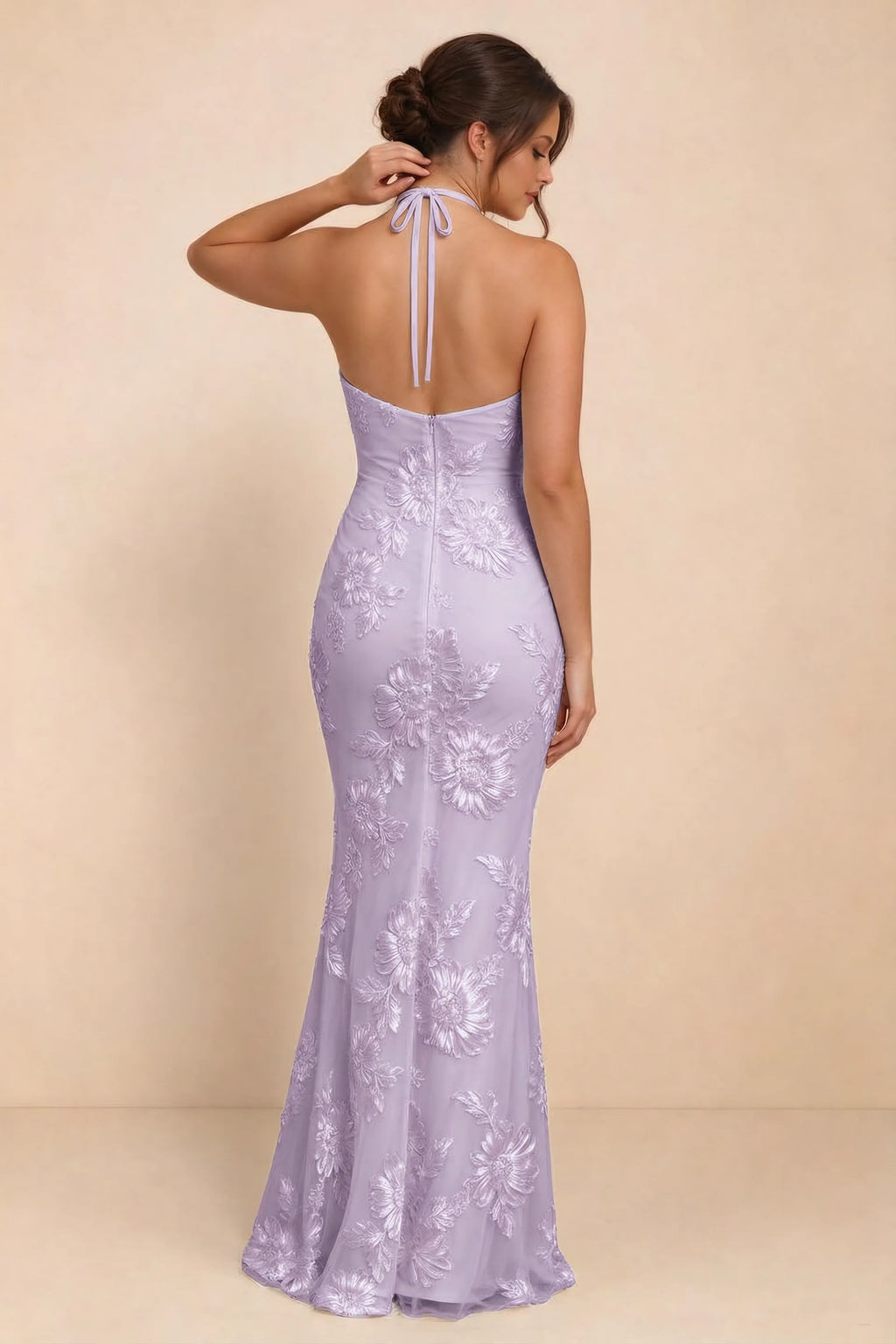 Cassandra Wisteria 3D Floral Halter Mermaid Maxi Dress