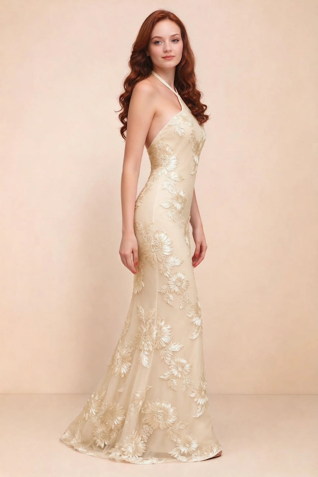 Cassandra Yellow 3D Floral Halter Mermaid Maxi Dress