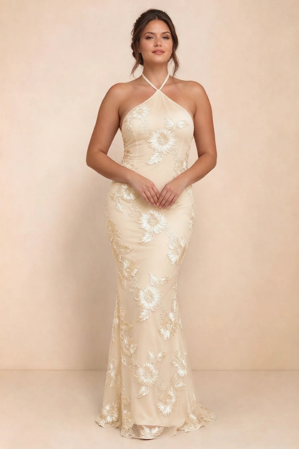 Cassandra Yellow 3D Floral Halter Mermaid Maxi Dress